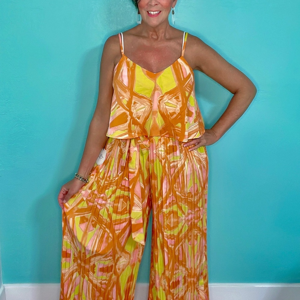NWT Orange & Green 2 pc spaghetti strap top pleated party formal wide leg set
